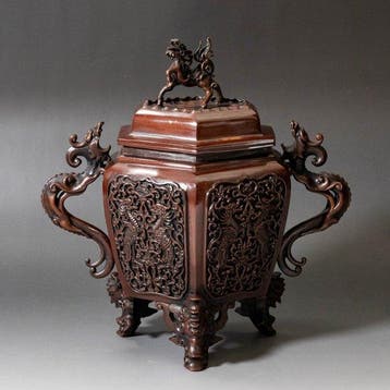 Bronzen wierookbrander met houten doos - Koper - Yoneda