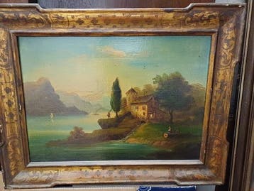 Italiaanse school (XIX) - Veduta lacustre con viandanti