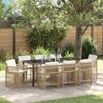 vidaXL Tuin Eettafel Set 9 st Beige poly rattan, Verzenden, Nieuw