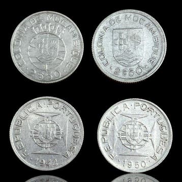 Portugees Mozambique. Lote de 4 moedas de prata de 2.50