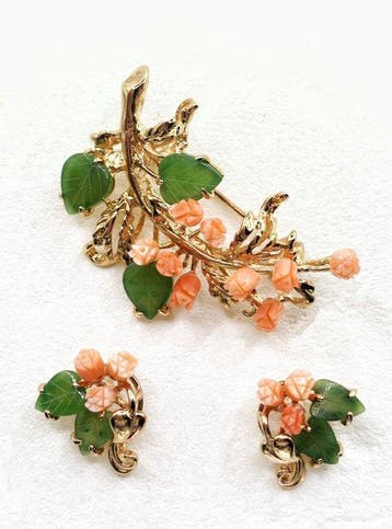 Koraal - jade, koraal - Broche - Speld / Oorbellen Swoboda, Nieuw