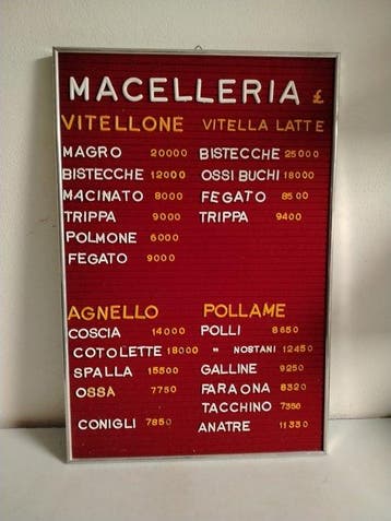 Panneau - Boucherie - Tarifs - Italie, années 1970 -