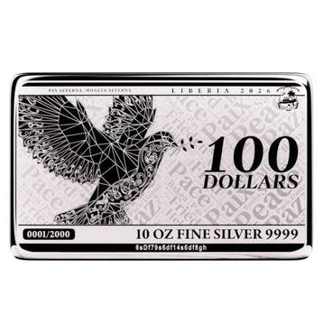 10 troy ounce - Zilver .999 - 2026 10 oz $100 Liberia Pax, Timbres & Monnaies, Métaux nobles & Lingots