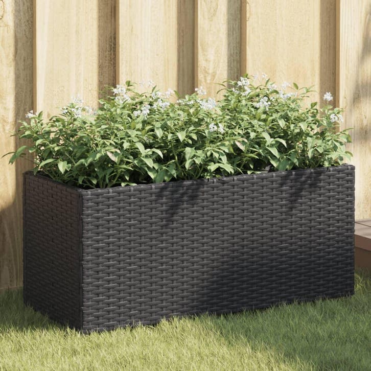 vidaXL Plantenbak met 2 potten 72x30x32 cm poly rattan zwart, Tuin en Terras, Bloempotten, Nieuw, Verzenden