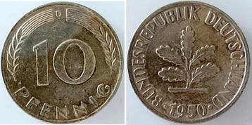 Duitsland Fehlpraegung 10 Pfennig 1950 D Messing Rar Rrr..., Verzenden