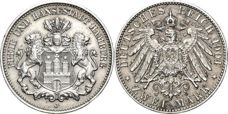 2 Mark 1904 Hamburg, Postzegels en Munten, Munten | Europa | Niet-Euromunten, België, Verzenden
