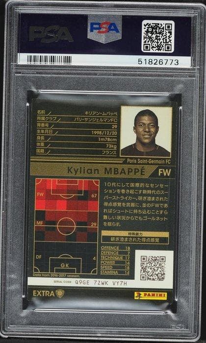 2016/17 Panini WCCF Kylian Mbappé 29 Graded card - PSA 6, Verzamelen, Stickers