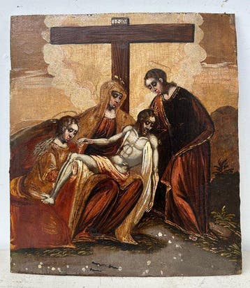 Scuola Veneto Cretese (XVII) - Compianto sul Cristo morto, Antiek en Kunst, Kunst | Schilderijen | Klassiek