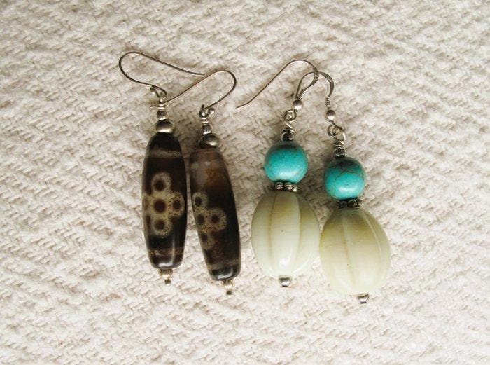 Argent, Perles de verre, turquoise, agate dzi - Boucles, Antiquités & Art, Art | Art non-occidental