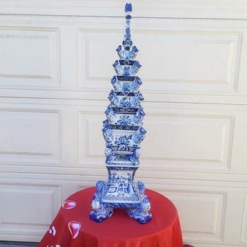 Blue and White Two-Tier Tulipiere - French Glazed - Vase -