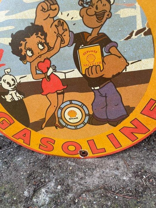 Shell Gasoline emaille reclamebord – Betty Boop & Popeye, Antiek en Kunst, Antiek | Wandborden en Tegels