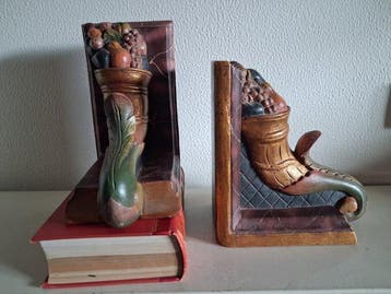 Boekensteunen (2) - Hardhout, pigmenten, bladgoud - Vintage
