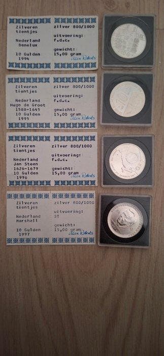 Nederland. 10 Gulden Lot 4 stuks (Zonder minimumprijs), Postzegels en Munten
