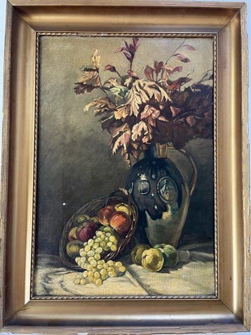 EF Carini (XX) - Stilleven met fruit en herfstbladeren, Antiek en Kunst, Kunst | Schilderijen | Klassiek