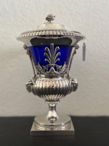 Vase avec couvercle - verre cobalt, Argent 950
