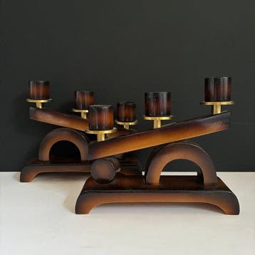 Chandelier - bois dur brûlé, métal fini en laiton - Paire de