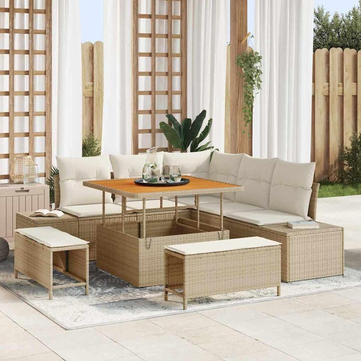 vidaXL Tuinbank Set met kussen met opslag 8 pcs Beige Poly, Tuin en Terras, Tuinsets en Loungesets, Nieuw, Verzenden
