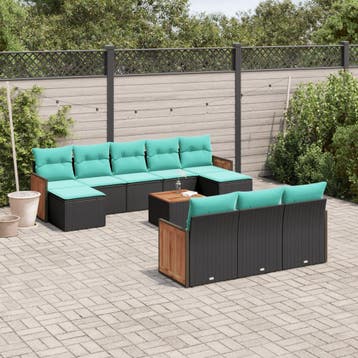 vidaXL 11-delige tuinbankset met kussens, zwart polyrotan, Verzenden, Nieuw