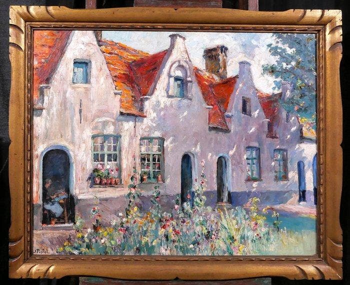 Jules Postel (1867-1955) - Brugge, flowers at the Prinselijk, Antiek en Kunst, Kunst | Schilderijen | Klassiek