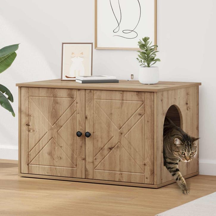 vidaXL Kattenhuis Ambachtelijk Eiken 85 x 55 x 50 cm Bewerkt, Dieren en Toebehoren, Katten-accessoires, Nieuw, Verzenden