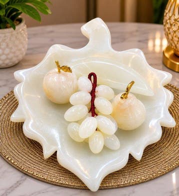 Handcrafted Himalayan White Onyx Marble Fruit Set with Leaf