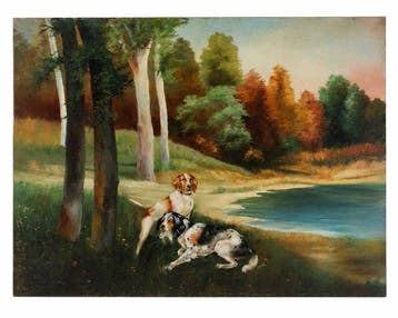 Franse school (XX) - Paesaggio lacustre con copia di cani da