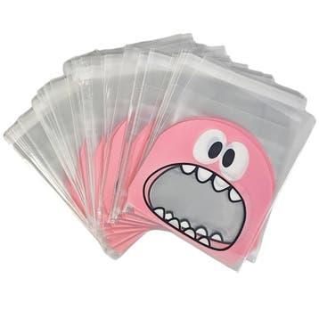 Cellofaan Zakjes met Plakstrip - 10x10 cm - Roze - Monster -, Verzenden