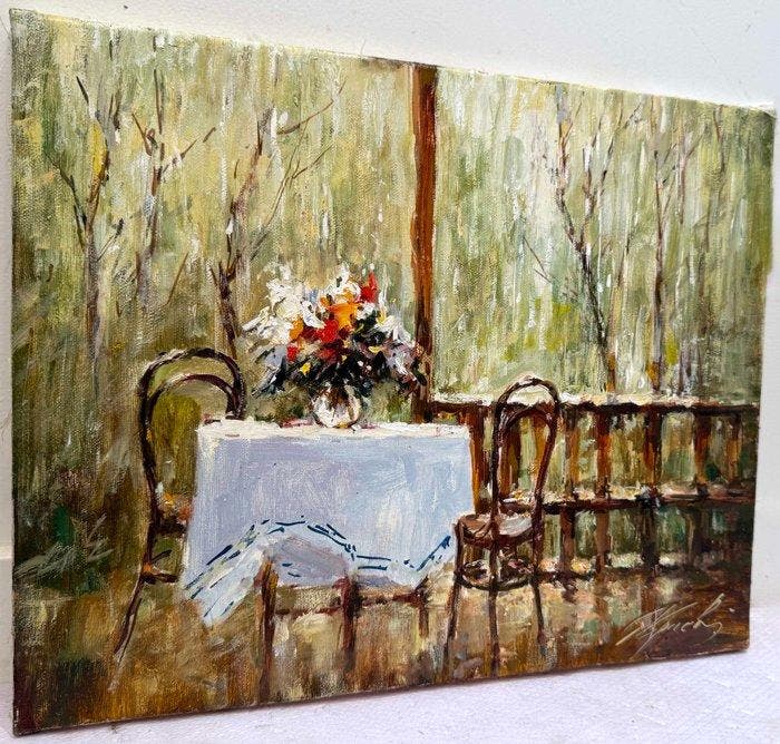 Mikhail Kraiev (1957) - Véranda sous la Pluie d’Été -, Antiek en Kunst, Kunst | Schilderijen | Klassiek