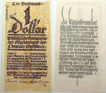 4,20 goudmark=1 Dollar 1923-11-19 Notgeld der besonderen..., Verzenden
