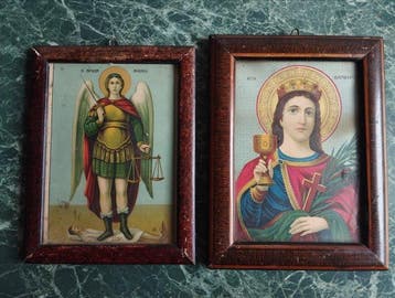 Twee oude ingelijste lithos - Sint-Michaël de Aartsengel &