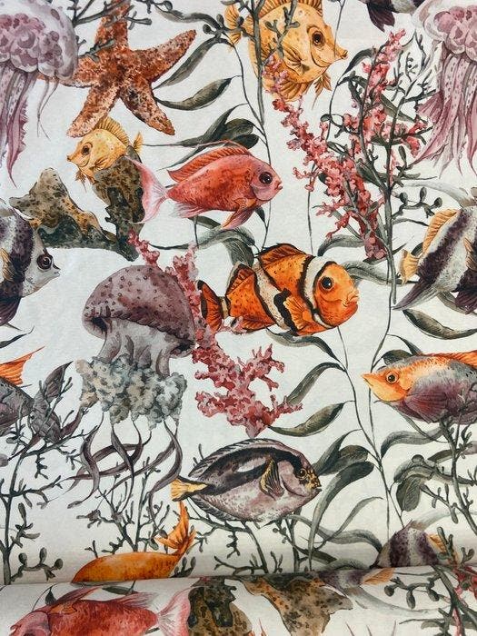 !!NIEUW!! Stof met artistieke maritieme print in, Antiek en Kunst, Antiek | Tapijten, Tafelkleden en Textiel