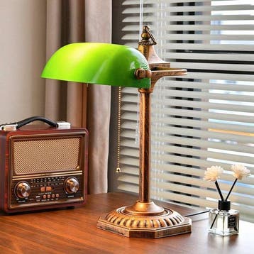 Tafellamp - Vintage bankiersbureaulamp - Glas, Meerschuim