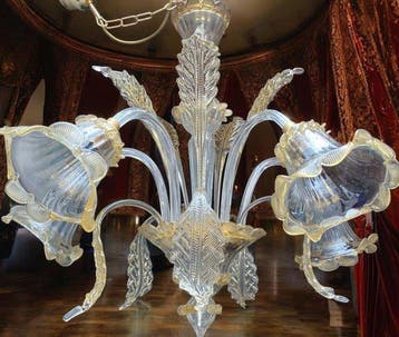 Lustre - en verre artistique de Murano, 5 lumières avec or, Antiquités & Art