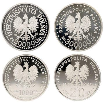 Polen. 20, 1000, 200.-, 300.000 Zlotych 1992/1995 - Proof