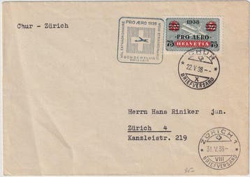 Zwitserland 1938 - 31 mei Pro Aereo overdruk 75 c. op 50 c., Gestempeld