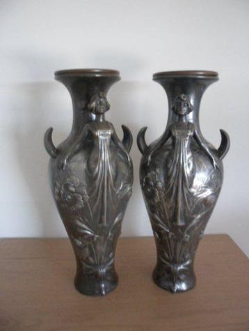 Vaas (2) - Tin, Verzilverd - Art Nouveau, Antiek en Kunst