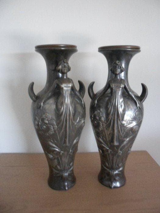 Vaas (2) - Tin, Verzilverd - Art Nouveau, Antiek en Kunst, Kunst | Designobjecten