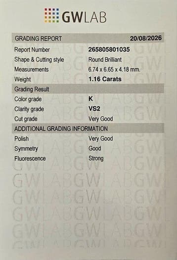 1 pcs Diamant (Natuurlijk) - 1.16 ct - Rond - K - VS2 -