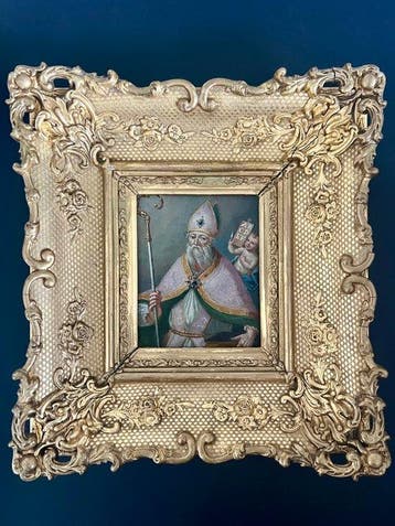 non signé - Saint évêque et angelot - 27,5 x 30 cm, Antiek en Kunst