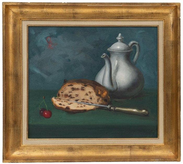 Nederlandse school (XX) - Stilleven met kan en krentenbrood, Antiek en Kunst, Kunst | Schilderijen | Klassiek