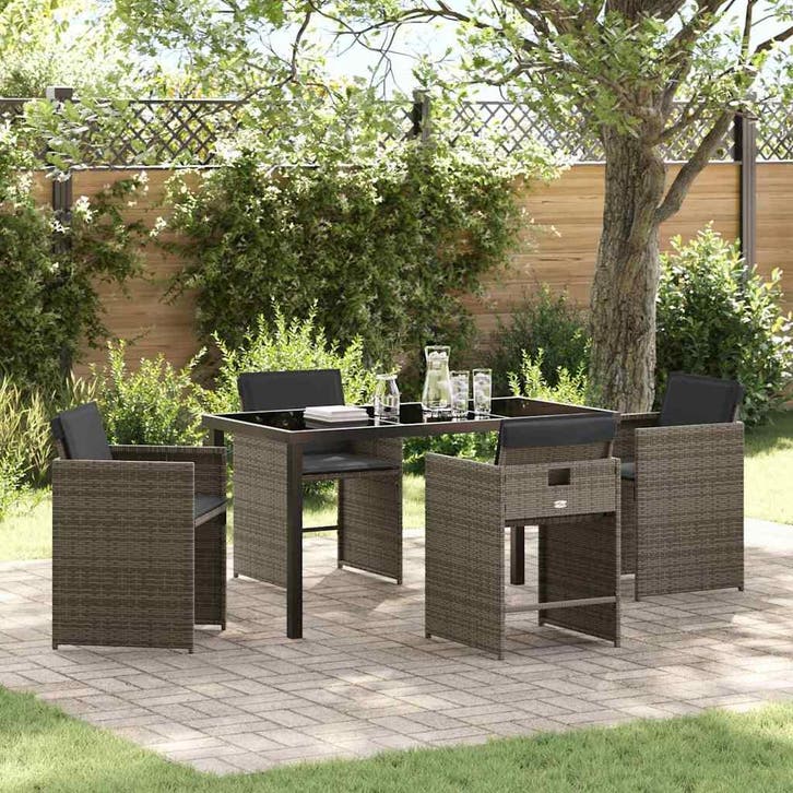 vidaXL Tuin Eettafel Set met kussen 5 pcs Grijs poly rattan, Tuin en Terras, Tuinsets en Loungesets, Nieuw, Verzenden
