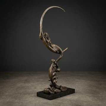 Beeld, Bronzen zeemeermin sculptuur op marmeren sokkel - 65