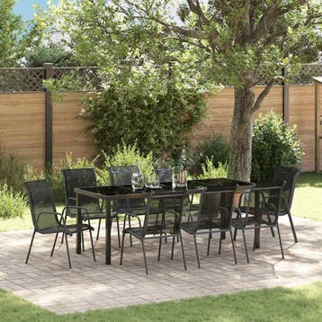 vidaXL Tuin Eettafel Set 9 st Zwart Gepoedercoat staal, Verzenden, Nieuw