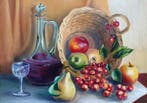 Jacqueline Gouin - Carafe de vin et panier de fruits