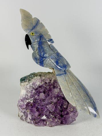 Pièce rare - Perroquet en pierre naturelle bleue sculpté à