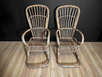 Chaise - Bambou, Rotin - Paire de chaises berçantes vintage