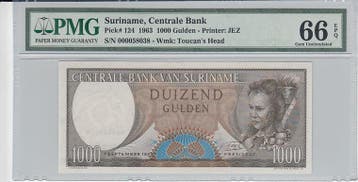 1963 Suriname 1000 Gulden Pick 124 Pmg Gem Unc 66 Epq, Verzenden, België