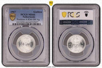 Nederland. Juliana. 1 Gulden 1967 POSITIE A & B in PCGS slab, Timbres & Monnaies