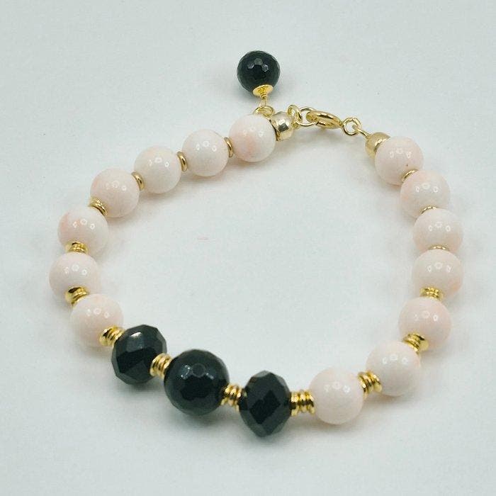 Corail - Argent, Plaqué or - Bracelet - Corail rose et onyx, Verzamelen, Mineralen en Fossielen