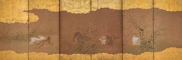 Paravent pliant avec des lapins qui courent - Feuille dor,
